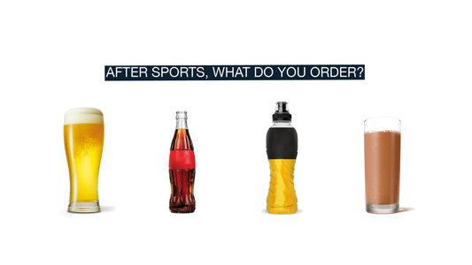 What should you drink after sports? Image with a beer, cola, sports drink and chocolate milk.